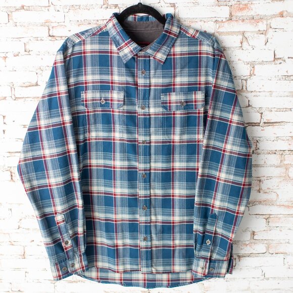 SwissTech Men’s Plaid Button Down Shirt Blue Red White Check Size Large 42–44 - Picture 2 of 9